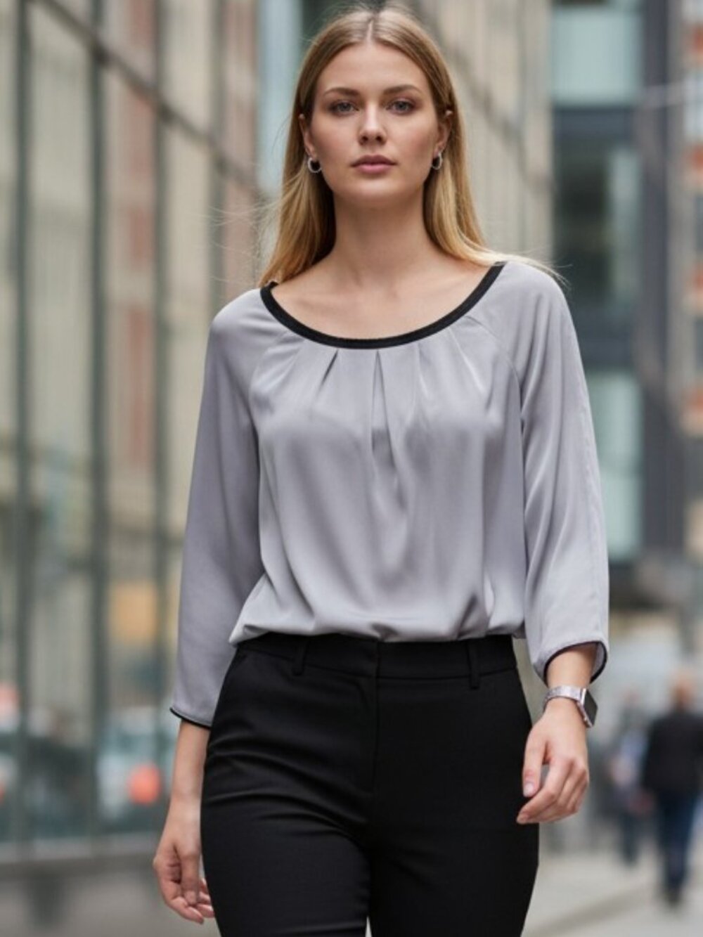 Diane von Furstenberg Gray Silk Blouse Black Trim Pleated Sz 10